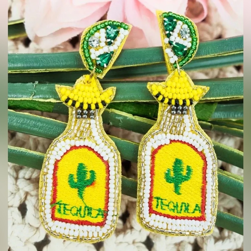 Viola Bejeweled Yellow and Green Tequila Bottle Earrings